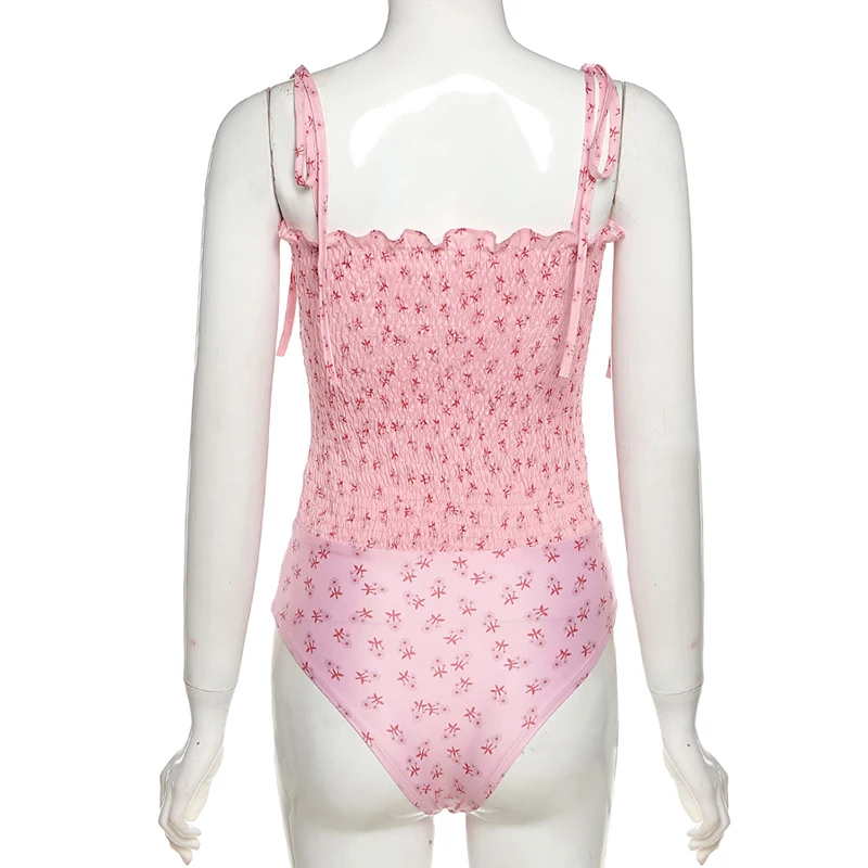 

AIIOU Sweet Cute Floral Print Bodysuits Women Sexy Lace Up Ruffles Sleeveless Casual Camisole Lady Jumpsuits Vacation Streetwear