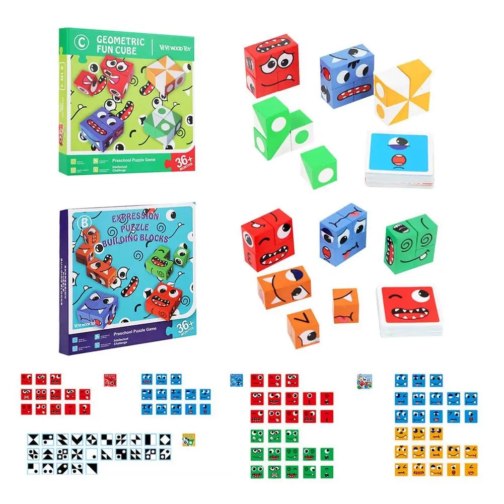 

Wooden Expressions Matching Block Puzzles Kids Face Changing Building Cubes Toy Board Games Educational Montessori Toys Gift F