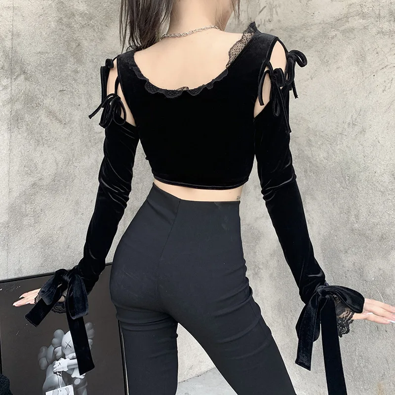 

Helisopus New Gothic Lace Patchwork Black Crop Top Y2K Long Sleeve Women Chic Aesthetic Bandage Hollow Out Tops Streetwear