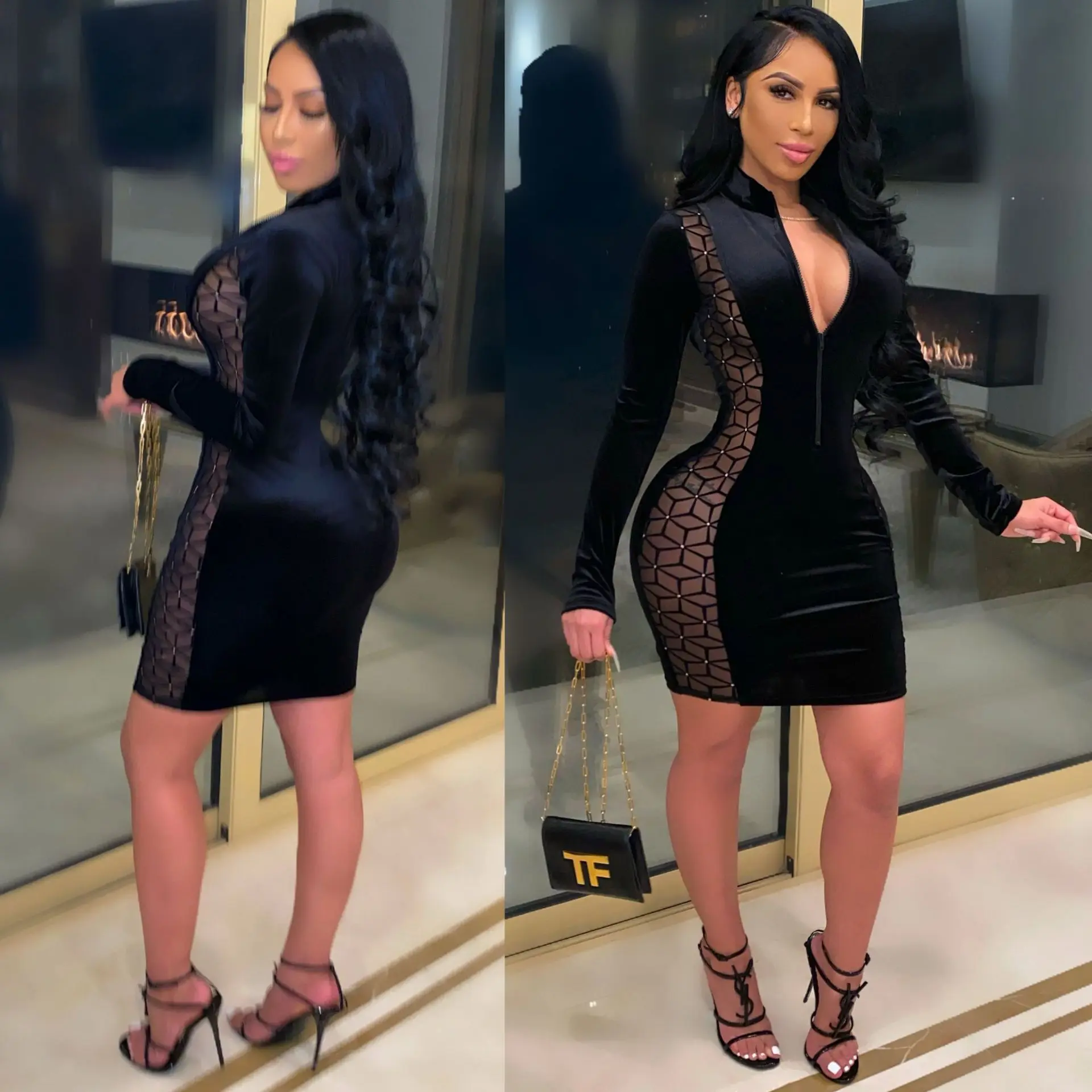 

Zoctuo Sexy Dress Mesh Sheer Patchwork Velvet Short Dress V Neck Long Sleeve Slim Mini Autumn Elegant Night Club Party Dress