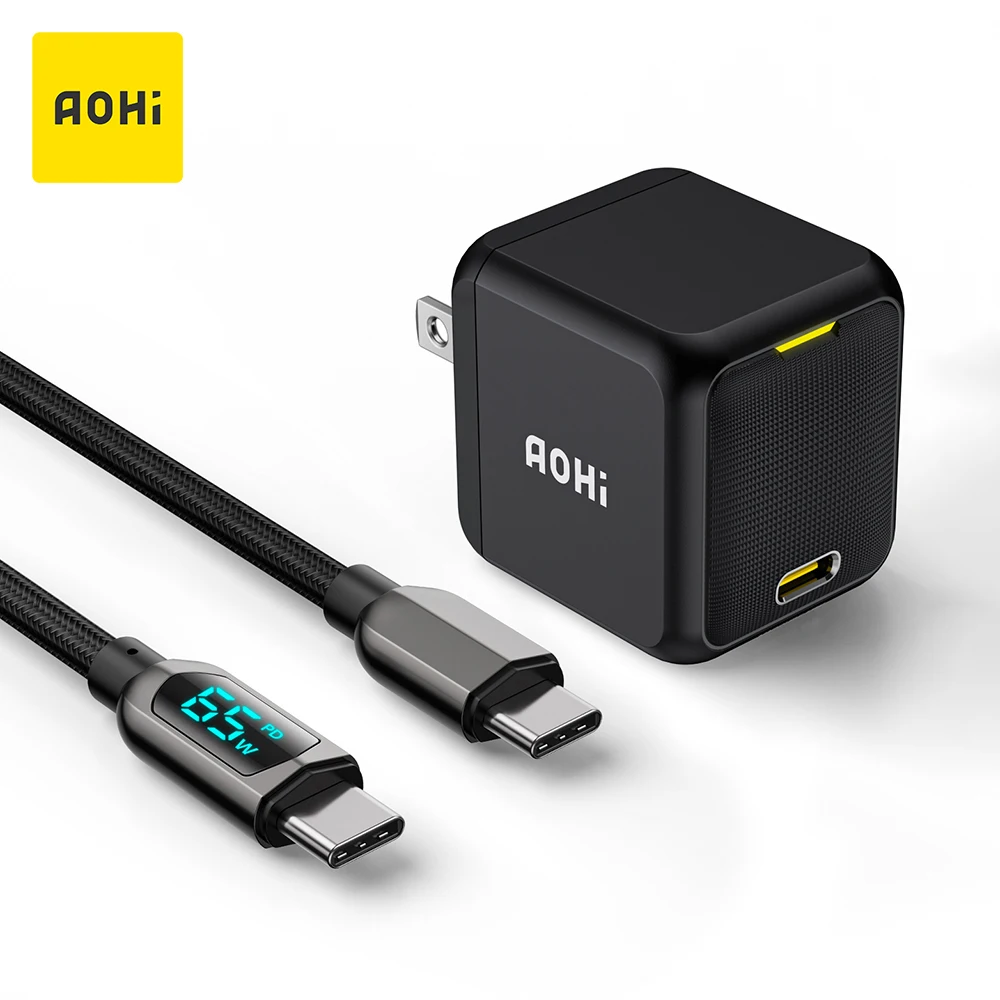 AOHI-cargador Magcube de 65W GaN +, cargador tipo C PD con Cable USB C a C de 100W, cargador r&aacute;pido para MacBook, iPhone 13, 12-0