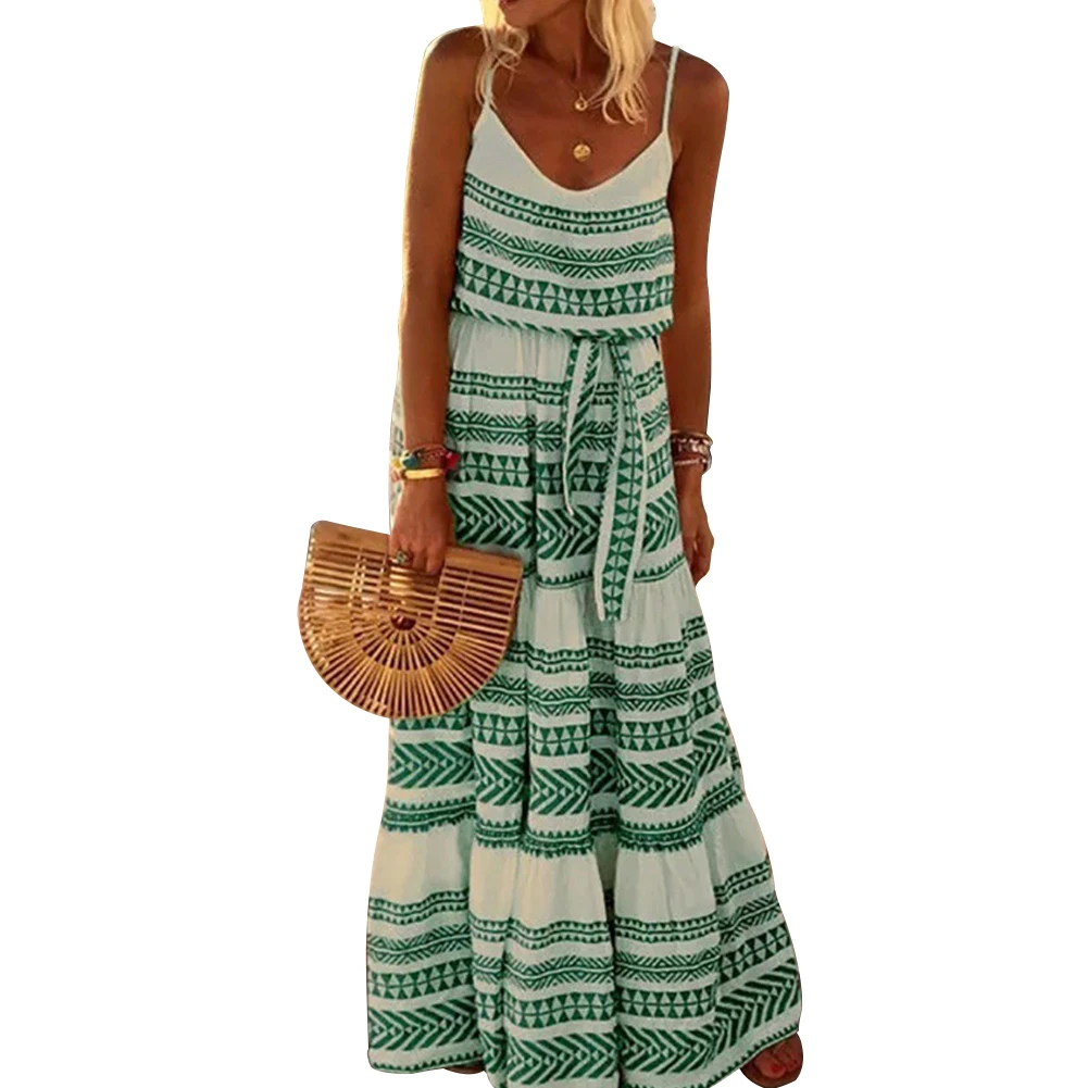 

Женское пляжное платье на бретельках, длинное дышащее платье без рукавов с цветочным принтом и глубоким V-образным вырезом, мягкое летнее пл...