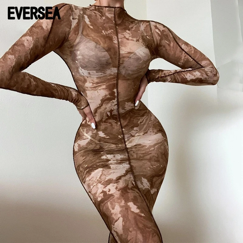 

Eversea Gauze Printed Dress Women High Round Collar Autumn Wear Sexy Long Sleeve One Piece