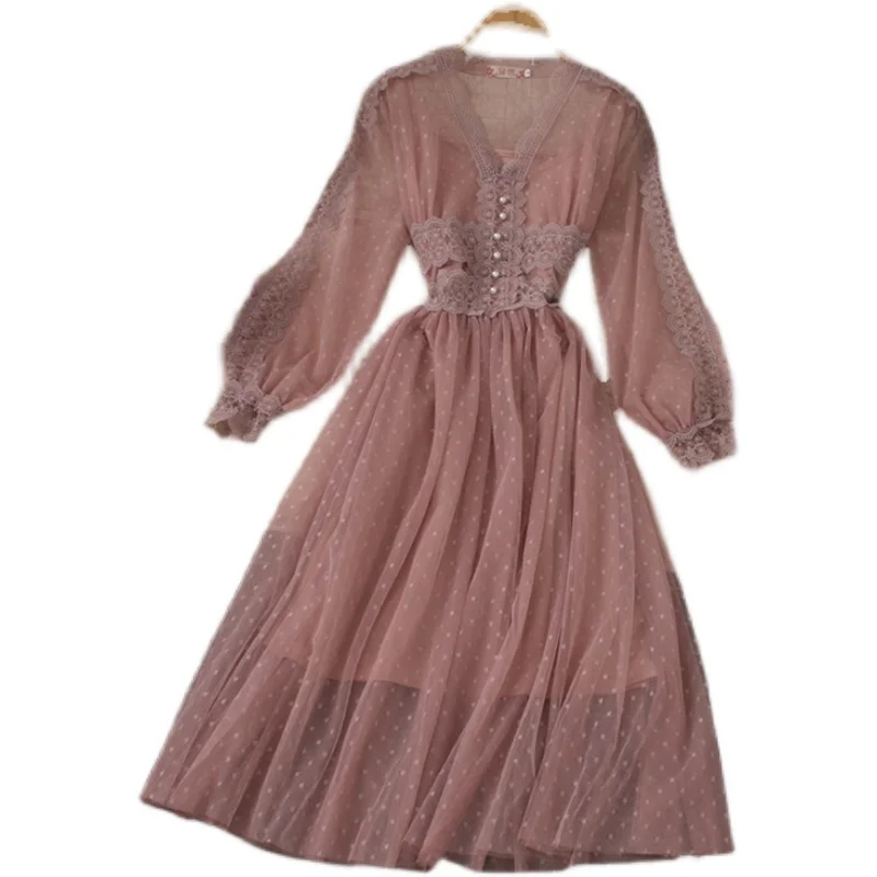 

Kimutomo Elegant Lace Dress 2021 New French Summer Fashion Midi Dresses Female V-neck Long Sleeve Slim Waist Sweet Robes