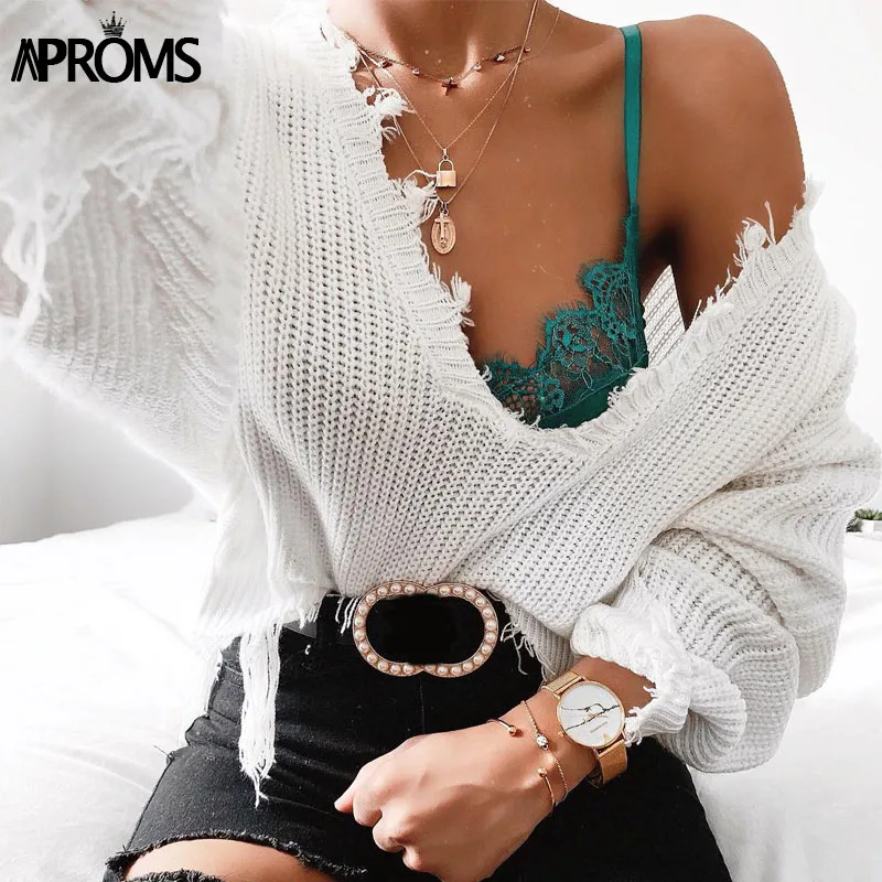 Aproms Tassel Deep V Knitted Pullover Female Autumn Winter White Long Sleeve Knit Crochet Sweaters Women Cropped Jumper Pull Top | Женская