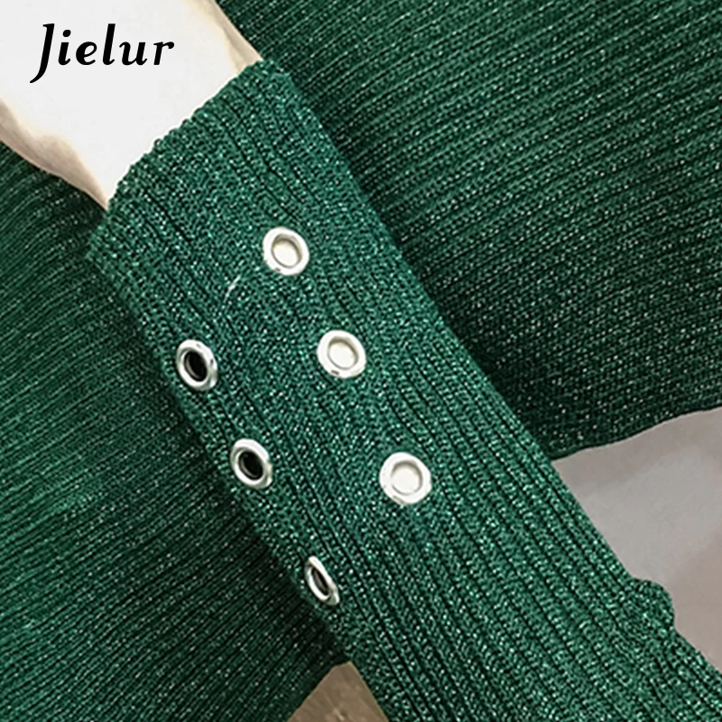 Осенний женский свитер Jielur с V-образным вырезом и пряжкой блестящий трикотажный