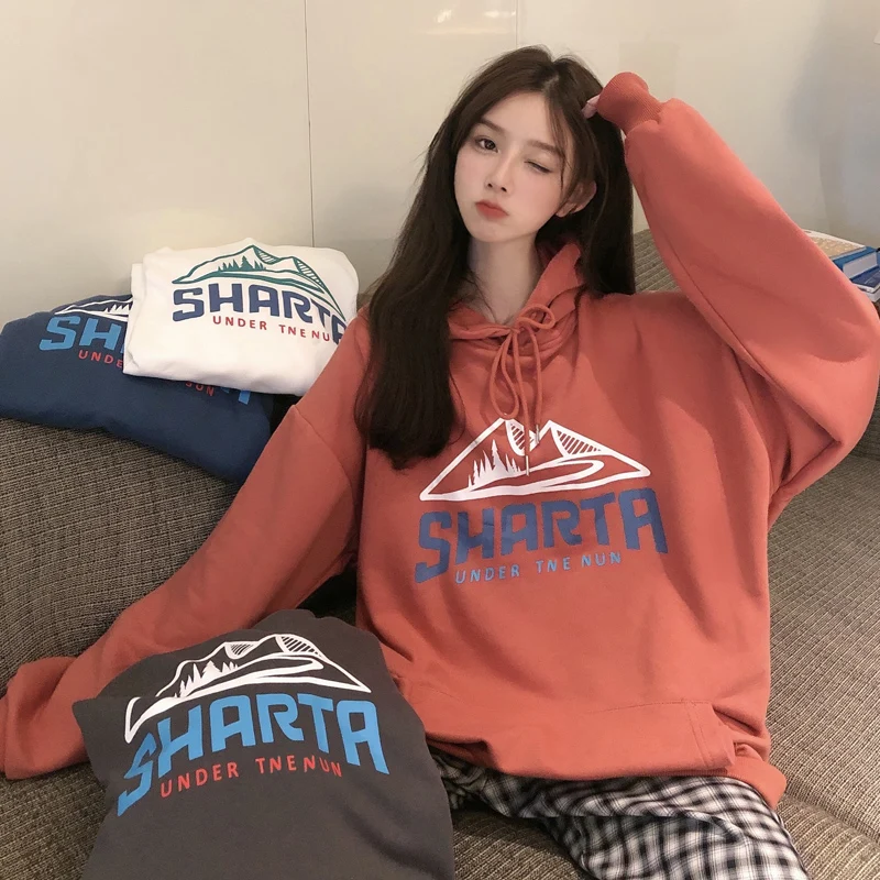 С капюшоном толстовки женские с принтом 4 цвета Осенние новые корейский стиль