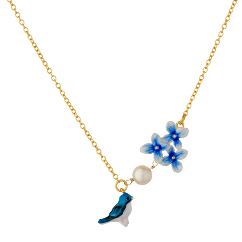 

Jaeeyin 2021 New Arrivals Summer Enamel Blue Bird Flower Freshwater Pearl Delicate Bohemia Necklace for Girls Friends Gift