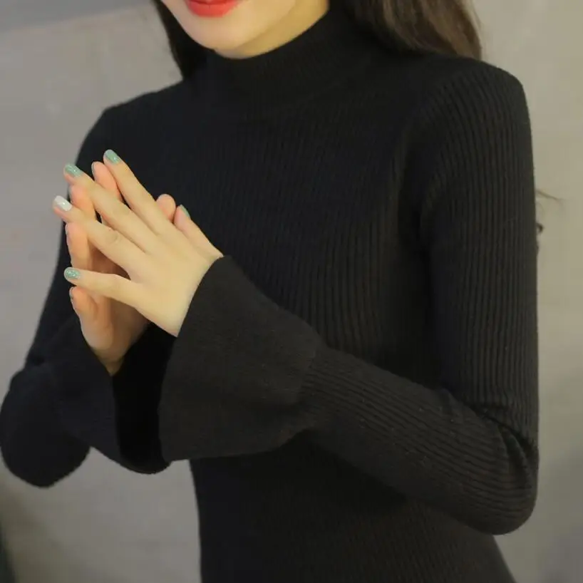 

Korean Style Female Women Pullovers Sweater 2019 Flare Sleeve Knitted Spring Autumn Winter Jumpers Ladies Sweaters Tops JW9065