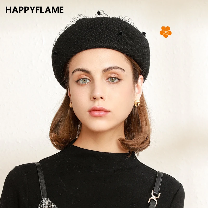 

Vintage French 100% Wool Beret Formal Winter Felt Hat Polka Dot Net Yarn Fedora Cap Lady Fedoras Chapeau Lady Soft Octagonal Cap