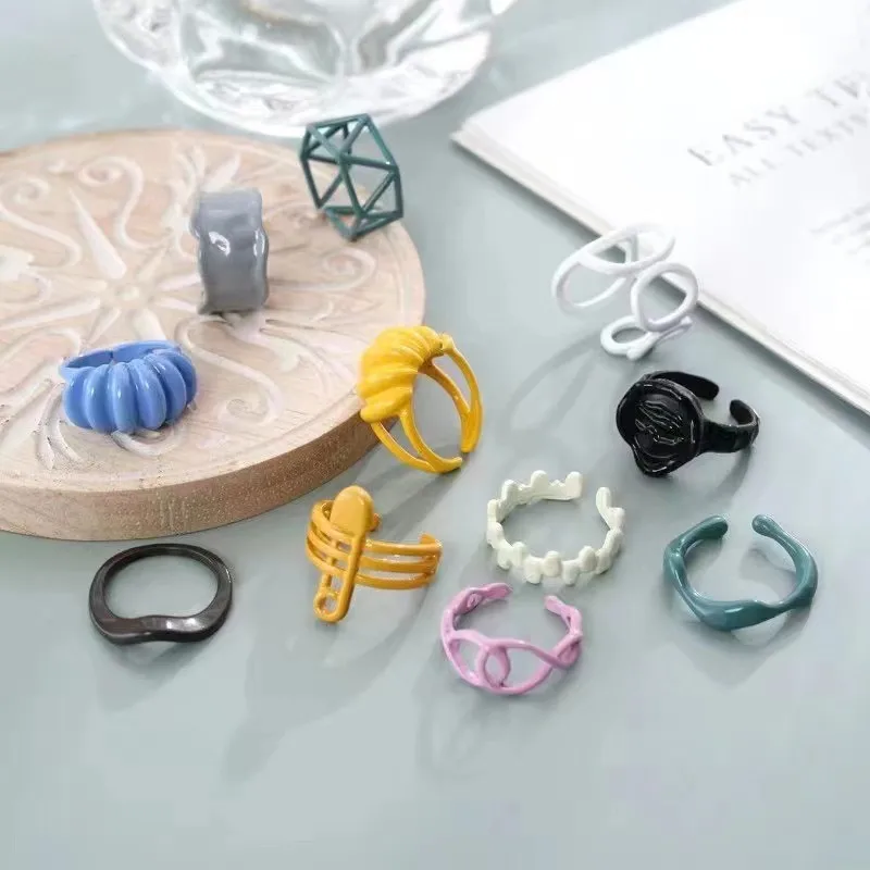 

Summer Fashion Colorful Hollow Geometric Irregular Metal Open Ring Candy Color Croissant Rose Pin Rings For Women Party Jewelry