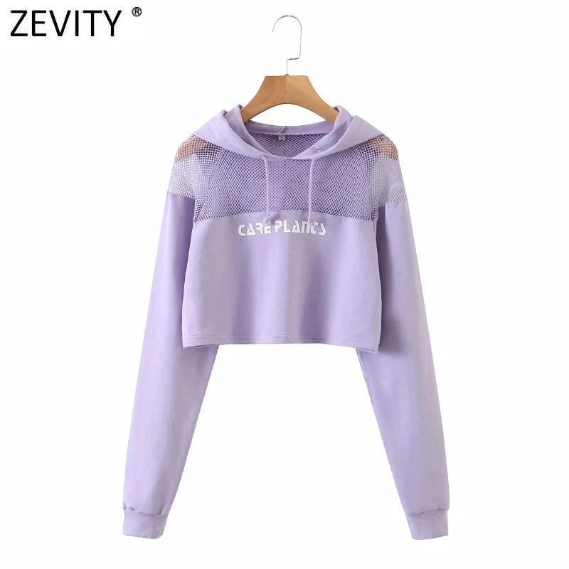 

Zevity New Women fashion mesh stitching casual short hooded sweatshirts ladies letters print leisure crop hoodies chic tops S350