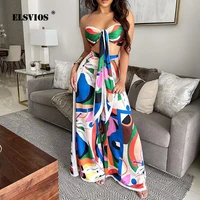 sexy strapless lace up women printed loose two piece set summer fashion sleeveless wide leg long pants elegant holiday party set