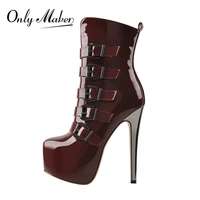 onlymaker womens round toe wine red platform side zipper thin heel thick heel short boots fashion lady booties big size