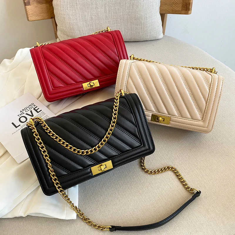 

Fashion Chain Lady Sling Bag Solid Color Leather Crossbody Bag for Women 2021 New Striped Shoulder Messenger Bag Ladies Satchels