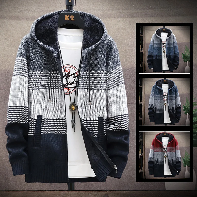 Men's Knitwear Fashion Striped Fleece Wool Sweater Autumn/Winter Thick Warm Hooded Jumper Zipper Cardigan Coat