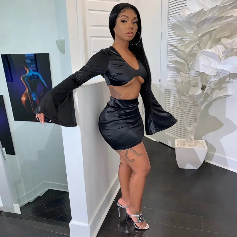 Шелковистый атласный комплект из 2 предметов укороченный топ с длинным рукавом и