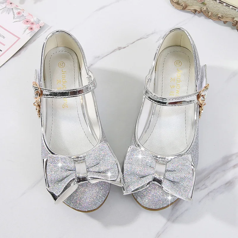 Girls Princess Shoes Butterfly Knot High-Heel Shiny Crystal Shoes Kids Leather Shoes Children's Single Shoes Birthday Present comfortable sandals child
