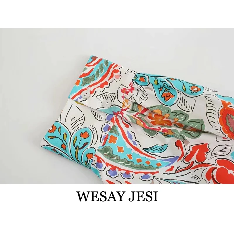 

WESAY JESI Women's Dress Fashion Vintage Women Floral Print Casual Long Dress Female V-Neck Long Sleeve Drawstring Waist Dress