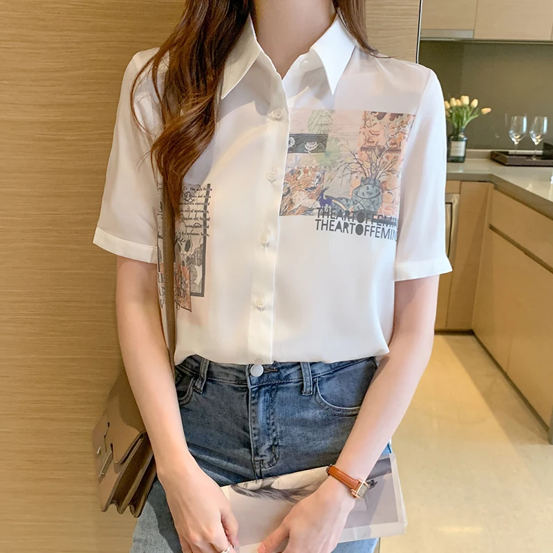 

Retro Hong Kong Style Shirt Women Short-sleeved Mural Print Shirt 2021 Summer New Blouses Shirt Loose Cozy Women Clothing Office
