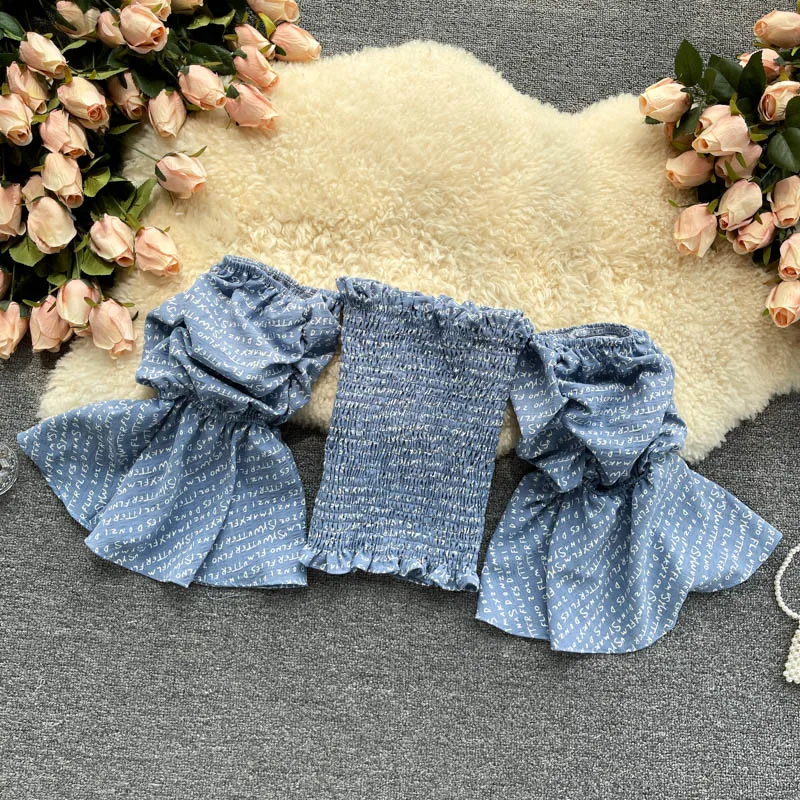 

Summer new print crop tops One word neck sexy commuter crop top women Flared sleeves tops women 2021