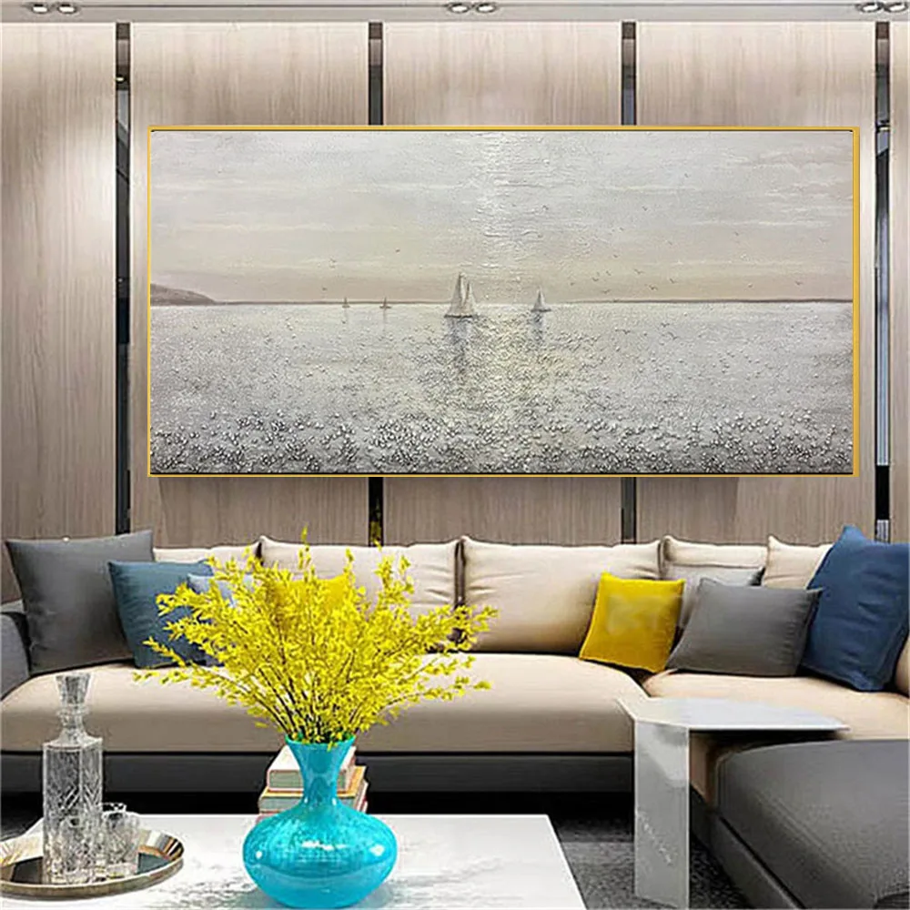 

Hot sale modern hand-painted oil painting abstract sea landscape beach gravel sailing boat canvas painting for home room decor