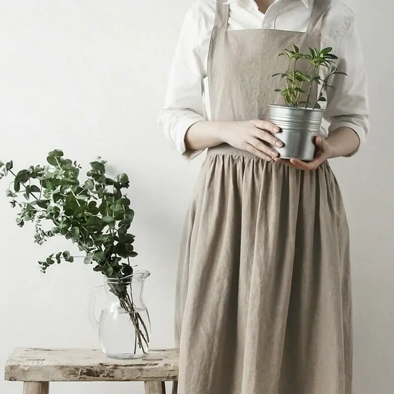 

Women Bib Apron Cotton Linen Pinafore Dress Cafe Kitchen Cooking Florist Retro Baking Accessories Sleeveless Aprons Grey