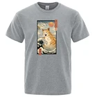 Мужские футболки с принтом Waves And Big Cat Ukiyo E, классная футболка размера S-Xxxl, модная повседневная футболка, Повседневная Мягкая футболка для мужчин