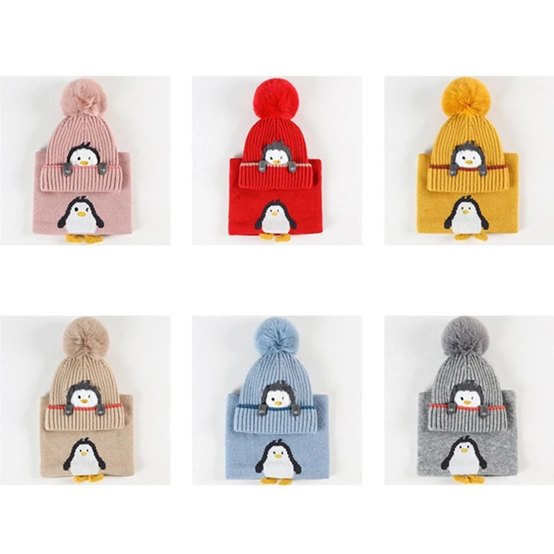 

L9BD Winter Knitted Baby Knitted Hat Scarf Two Pieces Hats Kids Beanies Caps Warm Earflap Ear Protection Hats for Children