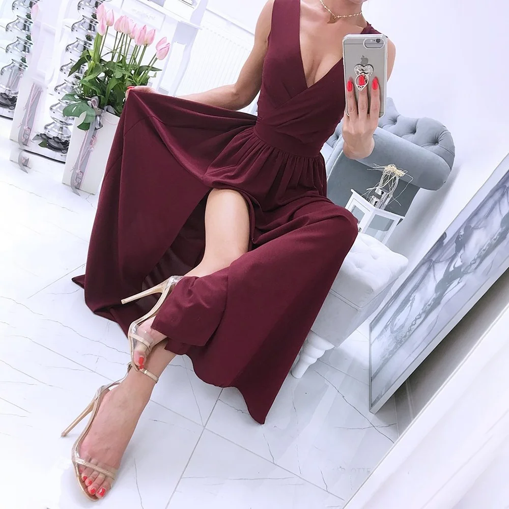 

Elegant Deep V-Neck Sleeveless Beach Dress Summer Women Slim Split Maxi Party Dress Ladies Fashion Vintage Green Long Dresses