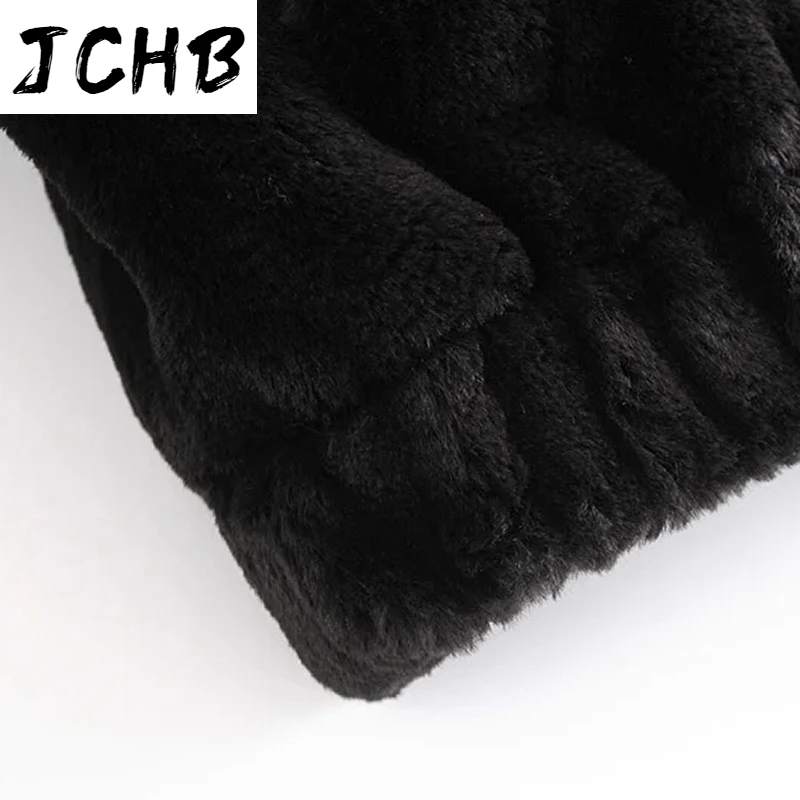 

SHZQJCHB Casual Faux Fur Black Coat Women Long Sleeve Solid Hooded Jacket Female Zipper Oversized Coat Outerwear Manteau Femme