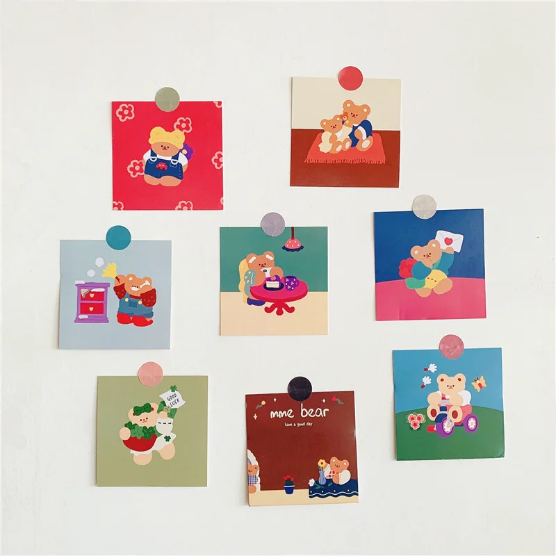 

Cartoon Illustration Cute Bear Decorative Card Korean Ins Postcard Kawaii Wall Sticker Greeting Card 8 Sheets Square Writable