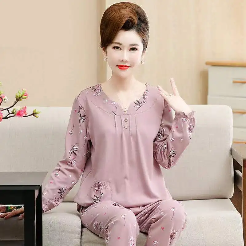 Spring Autumn Pajama Set For Women Long-Sleeved Trousers Round Neck 2-Piece Set Home Clothes Pyjamas Plus Size Mother Pajamas