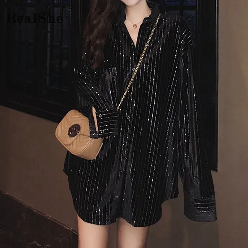 Женская блузка в полоску RealShe черная с длинным рукавом для осени и зимы 2019|Блузки|