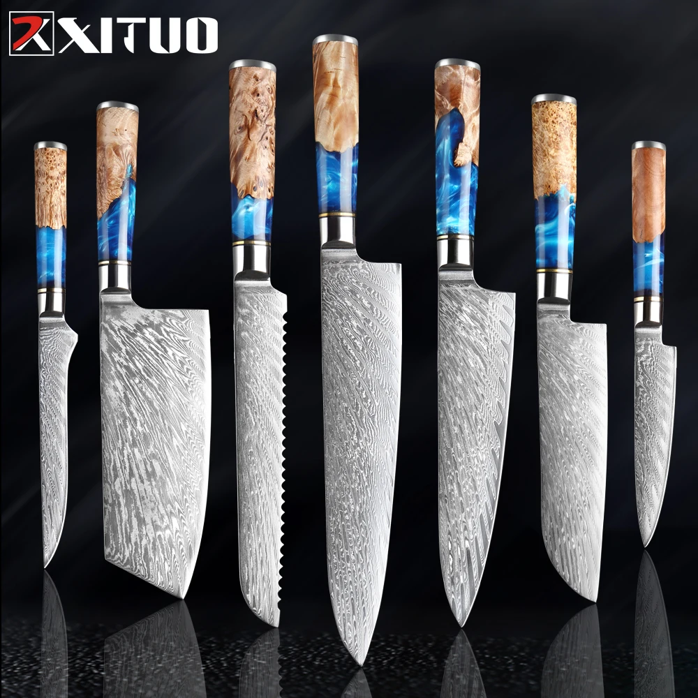 

Набор кухонных ножей XITUO из дамасской стали VG10, шеф-повар из дамасской стали, мясницкий нож для очистки хлеба, кухонный инструмент с голубой ...