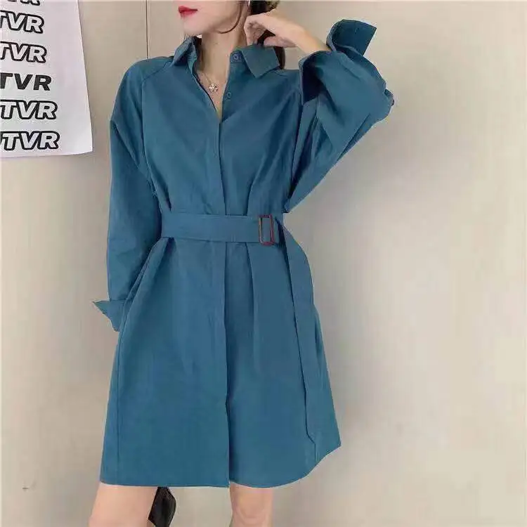 

2021 Spring Women's Dress New Korean Style Fashion Commute Temperament Goddess Lady Soild Blue Casual Long-Sleeved Dress YM206