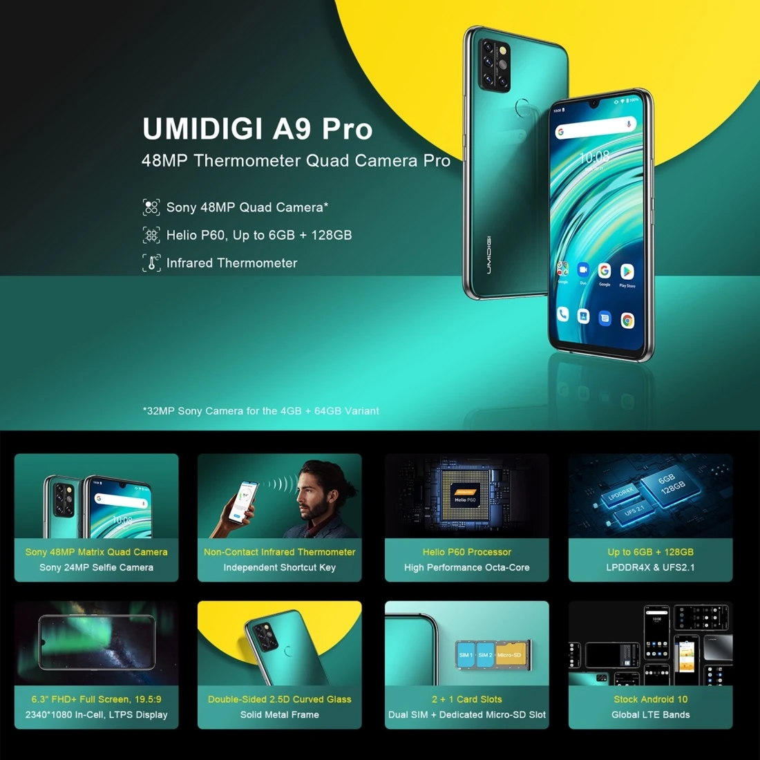 UMIDIGI A9 Pro Smartphone 4GB 64GB Quad 48MP Back Cameras 4150mAh Face Fingerprint ID 6.3 inch Android 10 4G Network Cellphone poco top phone