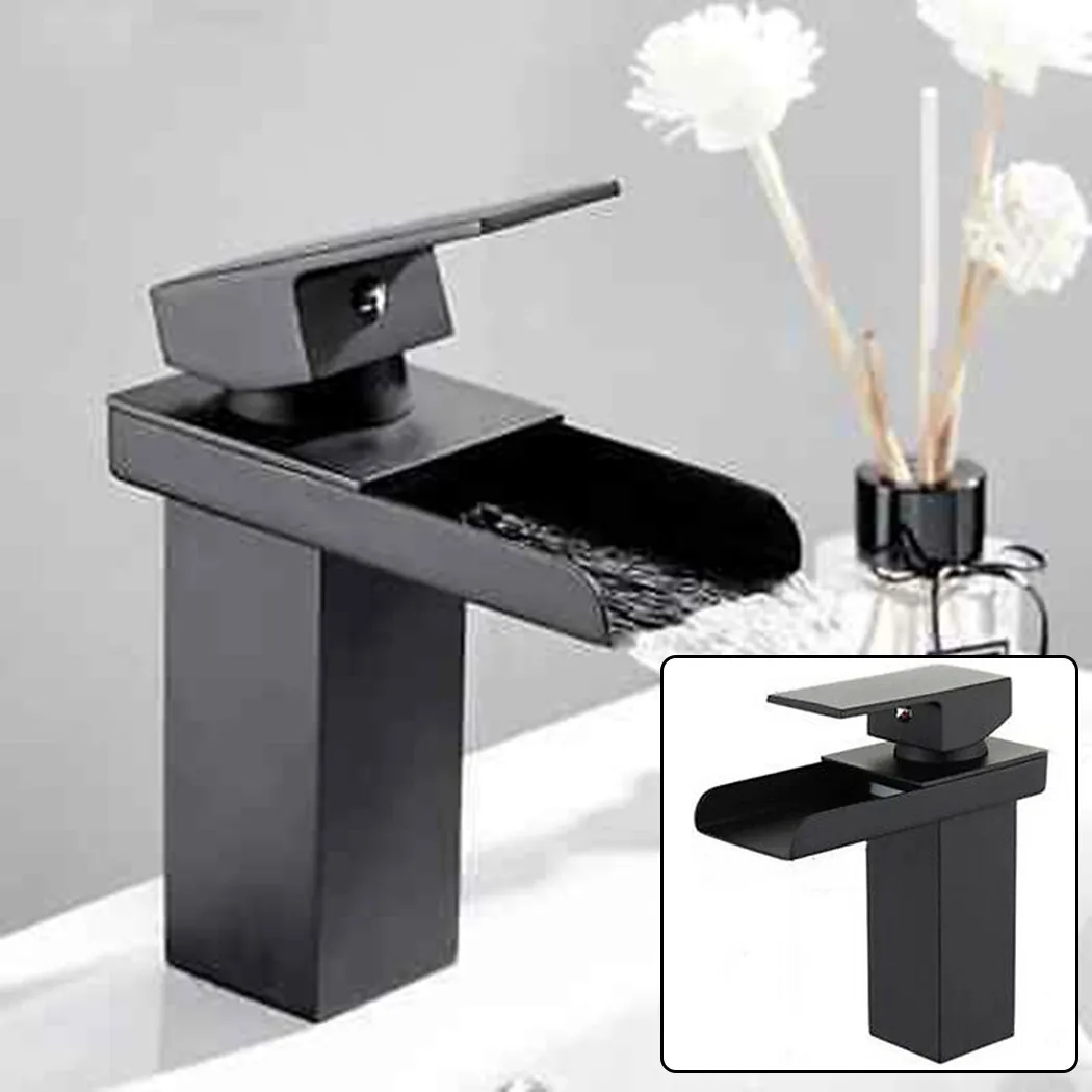 

Black Matt Waterfall Basin Sink Mixer Tap Bathroom Single Lever Hot Cold Tap Single Hole Faucet For Home Bathroom