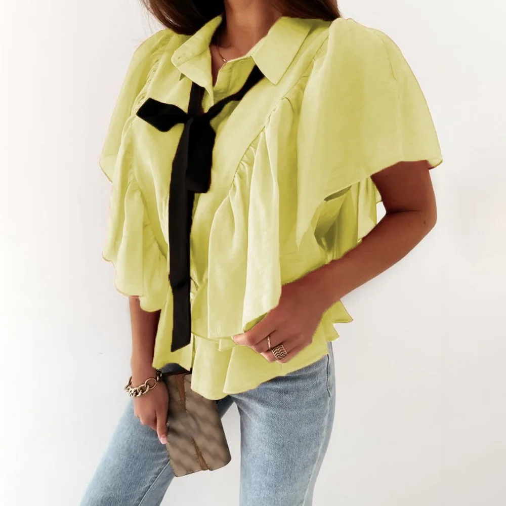 

2021 Fashion Summer Ruffled Lace-Up Bow-Knot Shirt Casual Slim Solid Color Single-Breasted Turn-Down Collar Blouse Women Blusas