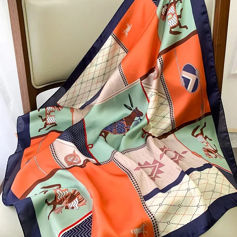 

Luxury Spring and autumn women quality Square scarves tourism Flower print silk headcloth lady Fashion seaside sunscreen shawl