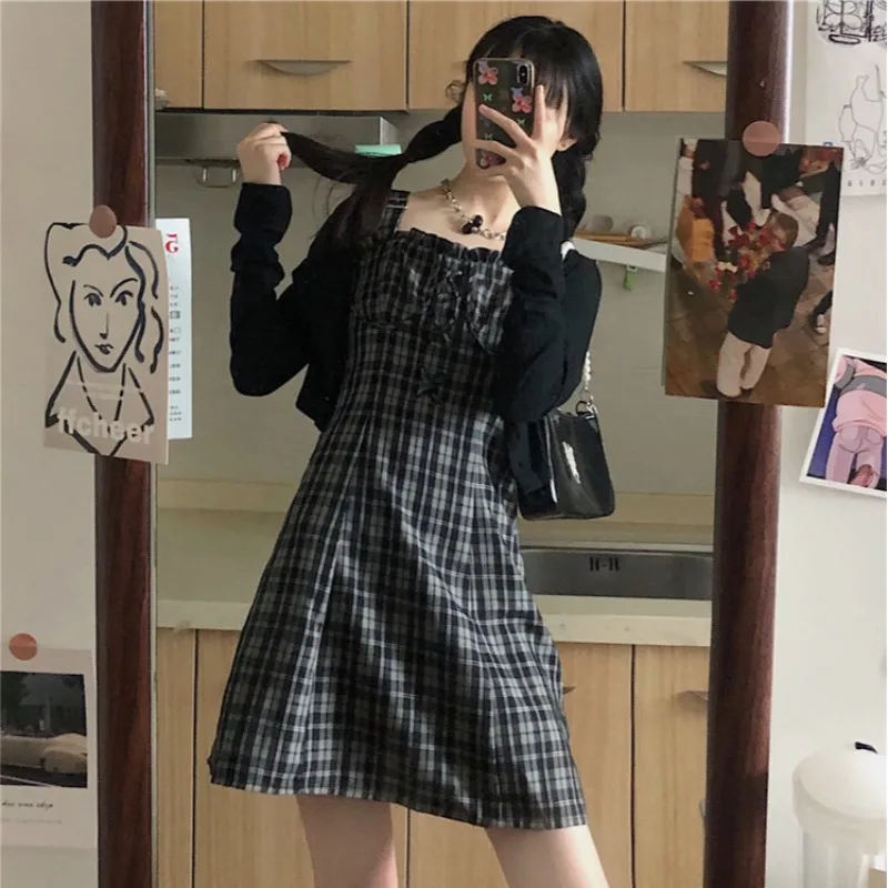 

Plaid spaghetti dress women's autumn new Korean design street autumn and winter lace up bandage dresses female