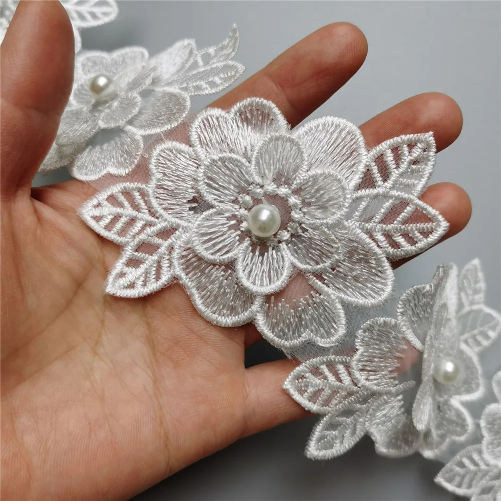 10 шт. белый цветок с жемчугом вышитая кружевная отделка по краям лента ткань в