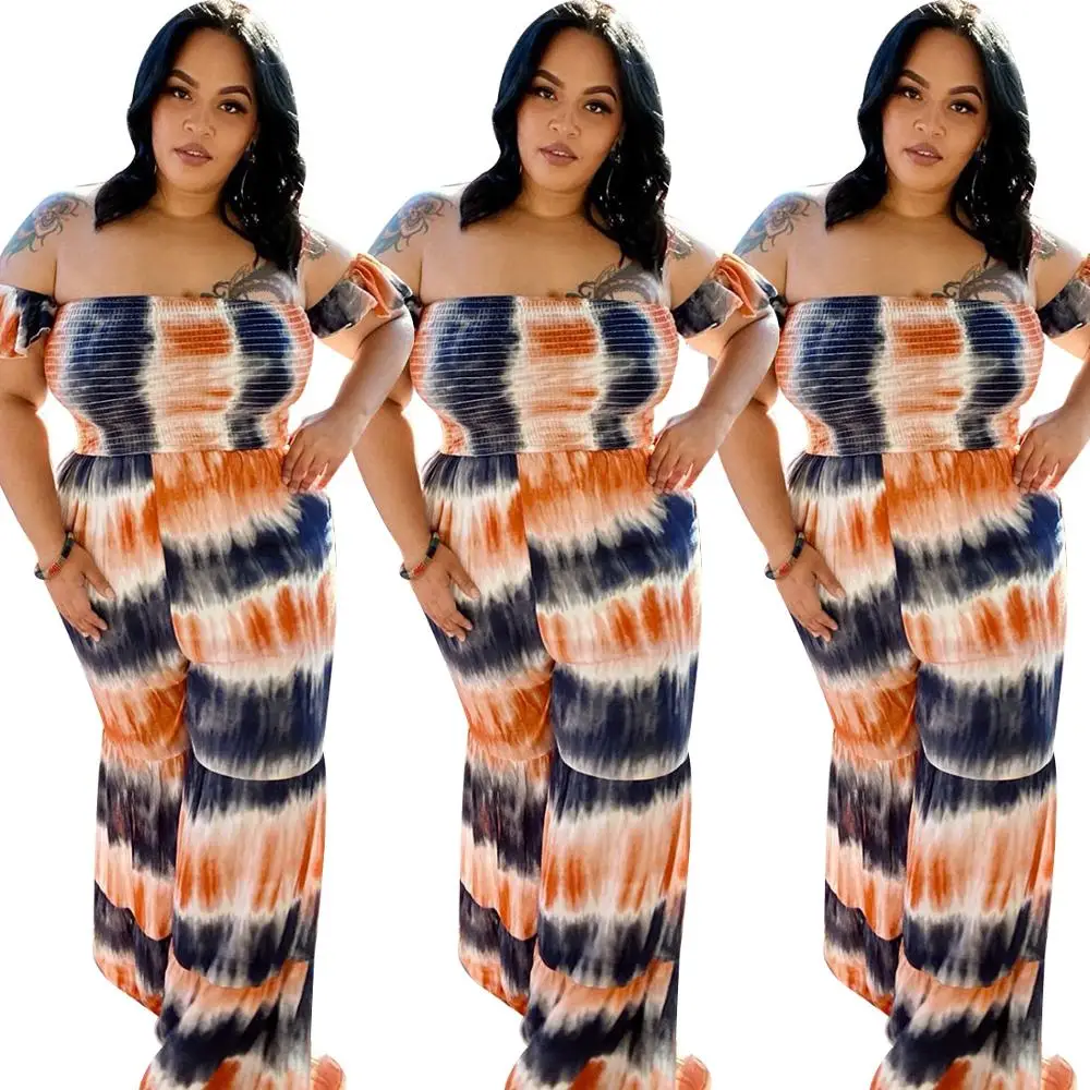 

XL-4XL PLUS SIZE Colorful Tie Dye Print Straight Long Jumpsuit Summer Casual Women Slash Neck Off Shoulder Rompers Catsuit