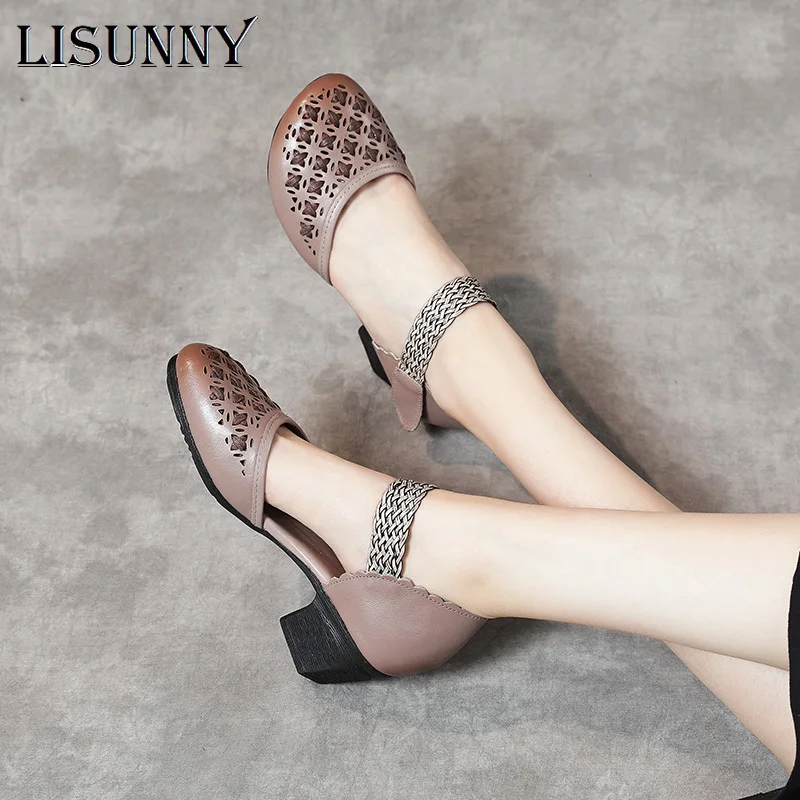 

LISUNNY Genuine Leather Women Sandals Summer Shoes 5CM High Heels Breathable Women Shoes 2021 Hollow Out Sandals