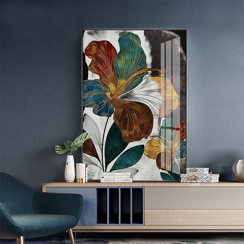 Абстрактный золотой цветок Картина Современный синий плакат печать роскошное