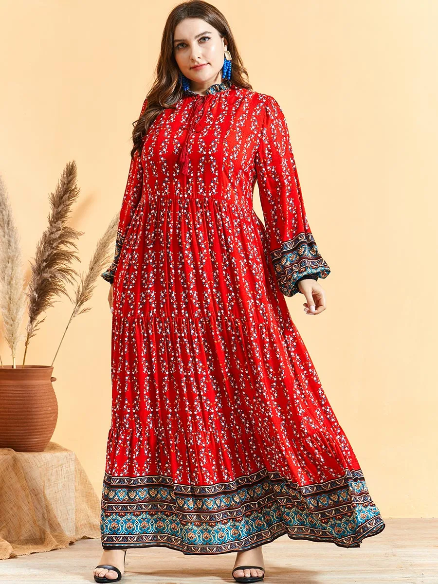

Boho Style Ethnic Floral Printed Long Dress Plus Size Muslim Women Maxi Robe Loose Long Sleeve Islamic Clothing Ramadan Arab New