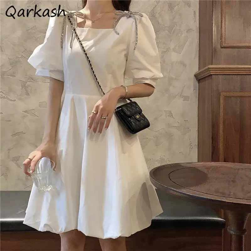 

Puff Sleeve Dress Women Solid Midi Bow Empire Simple Sweet College Summer Lovely Design Ulzzang Chic Elegant Retro Ins Vestidos