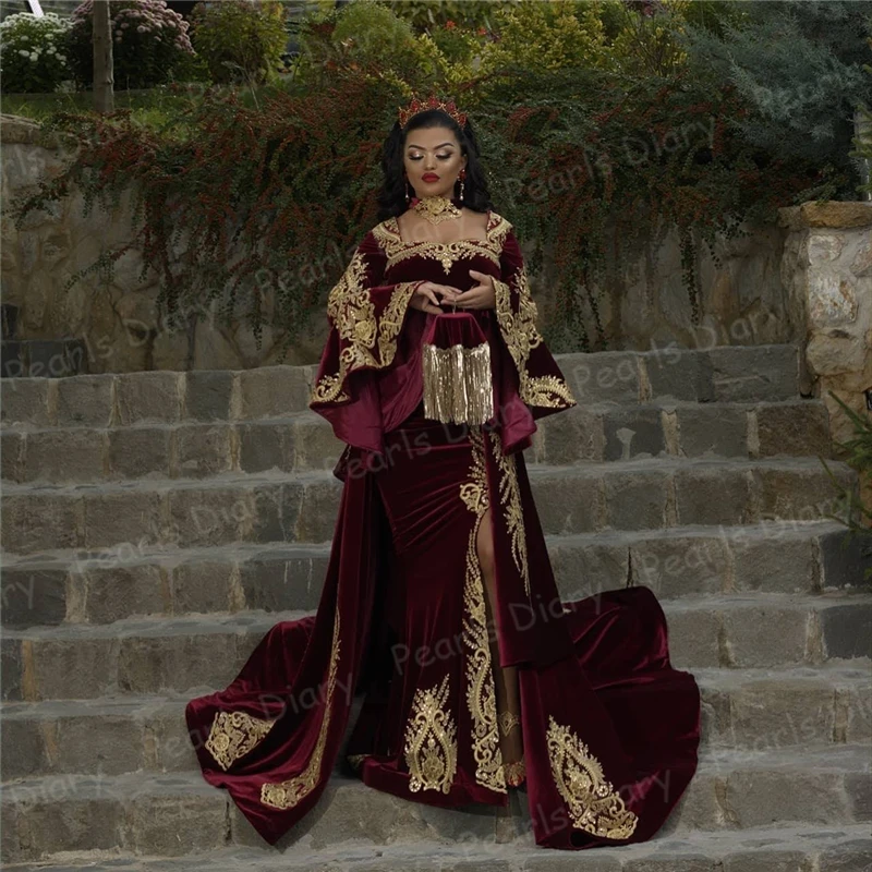 

Dubai Burgundy Muslim Mermaid Evening Dresses with Overskirt 2021 Long Sleeves Velour Gold Lace Formal Dress Arabic Prom Gowns