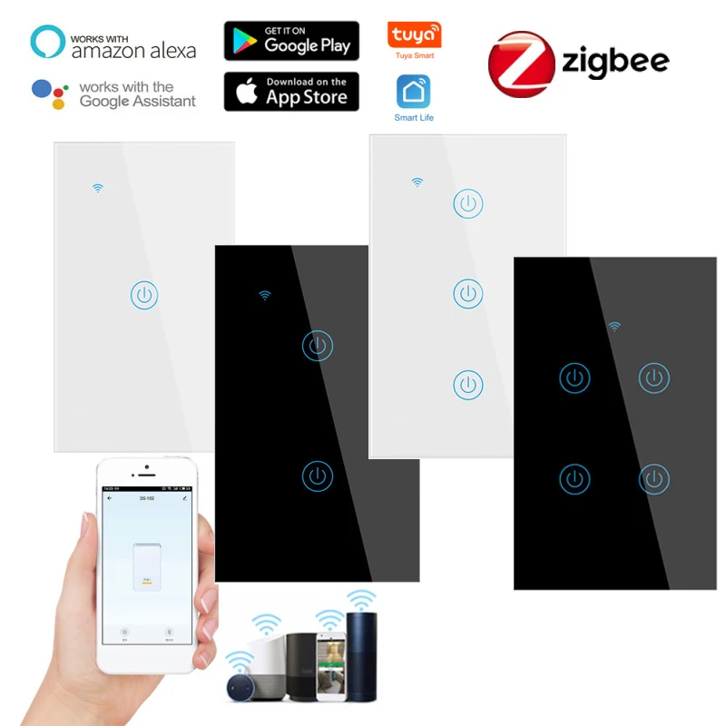 

1/2/3/4 Gang Tuya Zigbee Smart Touch Switch Voice Control 600W 15A Light Switch Smart Life APP Wireless Remote US Standard