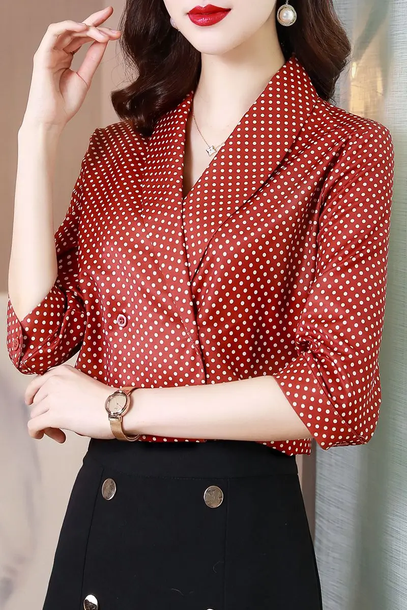 

COIGARSAM Blouse Women Summer 2021 Office Lady French Style Vintage Polka Dot Short Sleeve V-Neck Blusas Womens Tops And Blouses